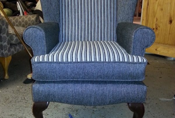 Re-upholstered Armchair in Blue Stripe Fabric